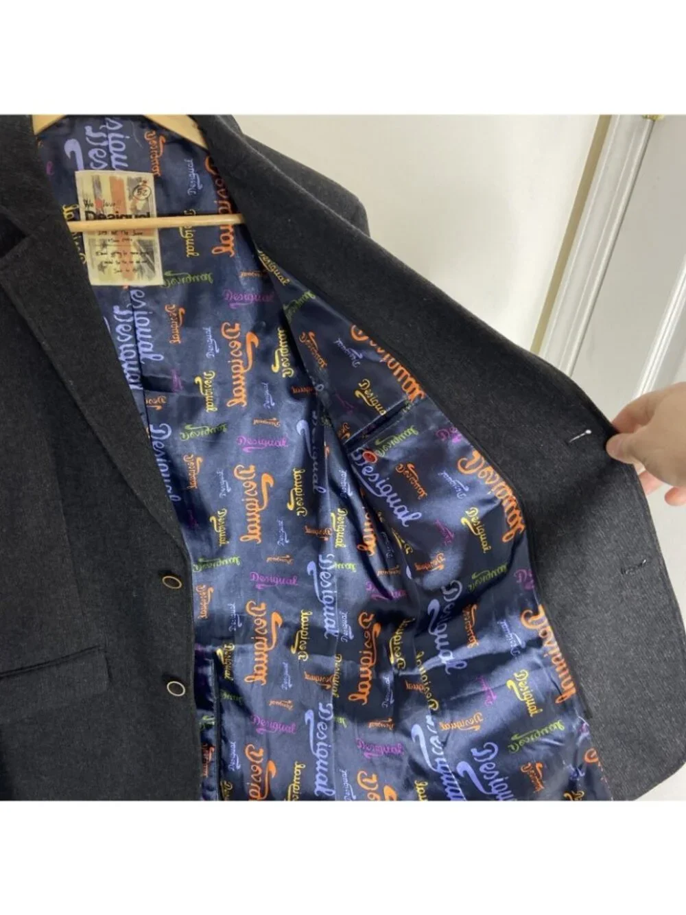 Desigual Men EU52 US 42 Black Charcoal Blazer Jacket Wool Blend